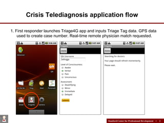Crisis Telediagnosis application flow <ul><ul><li>1. First responder launches Triage4G app and inputs Triage Tag data. GPS...