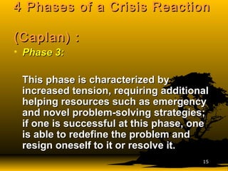 4 Phases of a Crisis Reaction4 Phases of a Crisis Reaction
(Caplan) :(Caplan) :
• Phase 3:Phase 3:
This phase is characterized byThis phase is characterized by
increased tension, requiring additionalincreased tension, requiring additional
helping resources such as emergencyhelping resources such as emergency
and novel problem-solving strategies;and novel problem-solving strategies;
if one is successful at this phase, oneif one is successful at this phase, one
is able to redefine the problem andis able to redefine the problem and
resign oneself to it or resolve it.resign oneself to it or resolve it.
1515
 