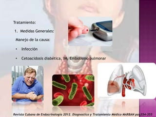 Tratamiento:
1. Medidas Generales:
Manejo de la causa:
•

Infección

•

Cetoacidosis diabética, IM, Embolismo pulmonar

Revista Cubana de Endocrinología 2012. Diagnostico y Tratamiento Médico MARBAN pag354-355

 