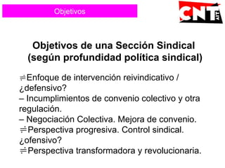 Objetivos
Objetivos de una Sección Sindical
(según profundidad política sindical)
Enfoque de intervención reivindicativo /
¿defensivo?
– Incumplimientos de convenio colectivo y otra
regulación.
– Negociación Colectiva. Mejora de convenio.
Perspectiva progresiva. Control sindical.
¿ofensivo?
Perspectiva transformadora y revolucionaria.
 