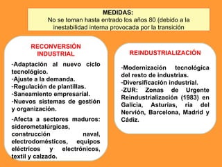 MEDIDAS:  No se toman hasta entrado los años 80 (debido a la inestabilidad interna provocada por la transición RECONVERSIÓN INDUSTRIAL Adaptación al nuevo ciclo tecnológico. Ajuste a la demanda. Regulación de plantillas. Saneamiento empresarial. Nuevos sistemas de gestión y organización. Afecta a sectores maduros: siderometalúrgicas, construcción naval, electrodomésticos, equipos eléctricos y electrónicos, textil y calzado. REINDUSTRIALIZACIÓN Modernización tecnológica del resto de industrias. Diversificación industrial. ZUR: Zonas de Urgente Reindustrialización (1983) en Galicia, Asturias, ría del Nervión, Barcelona, Madrid y Cádiz.  