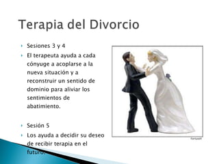 Sesiones 3 y 4  El terapeuta ayuda a cada cónyuge a acoplarse a la nueva situación y a reconstruir un sentido de dominio para aliviar los sentimientos de abatimiento. Sesión 5  Los ayuda a decidir su deseo de recibir terapia en el futuro. 