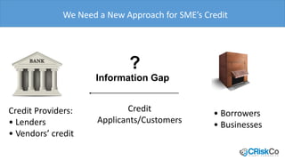 We Need a New Approach for SME’s Credit
Credit Providers:
• Lenders
• Vendors’ credit
• Borrowers
• Businesses
Credit
Applicants/Customers
?
Information Gap
 