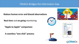CRiskCo Bridges the Information Gap
A seamless “one click” process
“Apple to Apple” comparison
Real time and on going monitoring
Reduce human error and biased observations
 