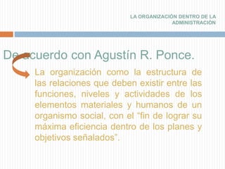 De acuerdo con Agustín R. Ponce.
La organización como la estructura de
las relaciones que deben existir entre las
funciones, niveles y actividades de los
elementos materiales y humanos de un
organismo social, con el “fin de lograr su
máxima eficiencia dentro de los planes y
objetivos señalados”.
LA ORGANIZACIÓN DENTRO DE LA
ADMINISTRACIÓN
 