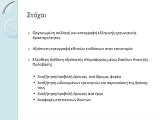 Στόχοι
Οργανωμένησυλλογήκαικαταγραφήελληνικήςερευνητικής
δραστηριότητας
Αξιόπιστηκαταγραφήεθνικώνεπιδόσεωνστηνκαινοτομία
ΕλεύθερηδιάθεσηαξιόπιστηςπληροφορίαςμέσωδιαύλωνΑνοικτής
Πρόσβασης
Αναζήτηση/προβολήέρευναςανάίδρυμα,φορέα
Αναζήτησηειδικευμένωνερευνητώνκαιπαρουσίασητηςδράσης
τους
Αναζήτηση/προβολήέρευναςανάέργο
Αναφορέςστατιστικώνδεικτών
 
