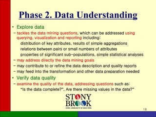 18
Phase 2. Data Understanding
• Explore data
- tackles the data mining questions, which can be addressed using
querying, visualization and reporting including:
distribution of key attributes, results of simple aggregations
relations between pairs or small numbers of attributes
properties of significant sub-populations, simple statistical analyses
- may address directly the data mining goals
- may contribute to or refine the data description and quality reports
- may feed into the transformation and other data preparation needed
• Verify data quality
- examine the quality of the data, addressing questions such as:
“Is the data complete?”, Are there missing values in the data?”
 