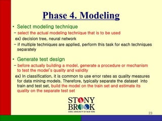 23
Phase 4. Modeling
• Select modeling technique
- select the actual modeling technique that is to be used
ex) decision tree, neural network
- if multiple techniques are applied, perform this task for each techniques
separately
• Generate test design
- before actually building a model, generate a procedure or mechanism
to test the model’s quality and validity
ex) In classification, it is common to use error rates as quality measures
for data mining models. Therefore, typically separate the dataset into
train and test set, build the model on the train set and estimate its
quality on the separate test set
 