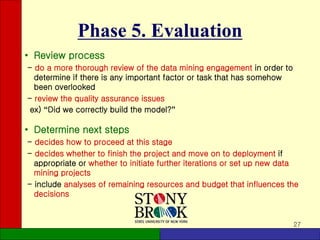 27
Phase 5. Evaluation
• Review process
- do a more thorough review of the data mining engagement in order to
determine if there is any important factor or task that has somehow
been overlooked
- review the quality assurance issues
ex) “Did we correctly build the model?”
• Determine next steps
- decides how to proceed at this stage
- decides whether to finish the project and move on to deployment if
appropriate or whether to initiate further iterations or set up new data
mining projects
- include analyses of remaining resources and budget that influences the
decisions
 