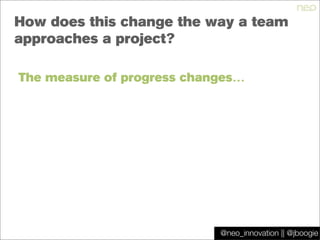 @jboogie
How does this change the way a team
approaches a project?
The measure of progress changes…
@neo_innovation || @jb...