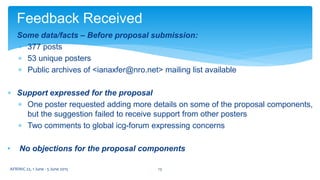  Some data/facts – Before proposal submission:
 377 posts
 53 unique posters
 Public archives of <ianaxfer@nro.net> mailing list available
 Support expressed for the proposal
 One poster requested adding more details on some of the proposal components,
but the suggestion failed to receive support from other posters
 Two comments to global icg-forum expressing concerns
• No objections for the proposal components
Feedback Received
13AFRINIC 22, 1 June - 5 June 2015
 