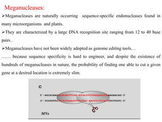 Meganucleases:
Meganucleases are naturally occurring sequence-specific endonucleases found in
many microorganisms and plants.
They are characterized by a large DNA recognition site ranging from 12 to 40 base
pairs .
Meganucleases have not been widely adopted as genome editing tools…
…… because sequence specificity is hard to engineer, and despite the existence of
hundreds of meganucleases in nature, the probability of finding one able to cut a given
gene at a desired location is extremely slim.
 