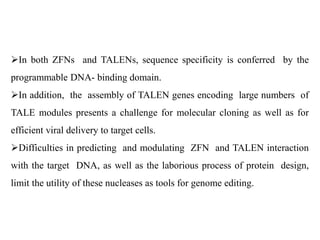 In both ZFNs and TALENs, sequence specificity is conferred by the
programmable DNA- binding domain.
In addition, the assembly of TALEN genes encoding large numbers of
TALE modules presents a challenge for molecular cloning as well as for
efficient viral delivery to target cells.
Difficulties in predicting and modulating ZFN and TALEN interaction
with the target DNA, as well as the laborious process of protein design,
limit the utility of these nucleases as tools for genome editing.
 