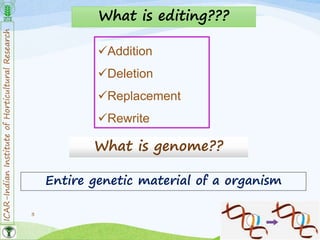 ICAR-IndianInstituteofHorticulturalResearch
3
What is editing???
Addition
Deletion
Replacement
Rewrite
What is genome??
Entire genetic material of a organism
 