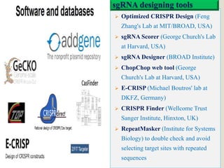 28
 Optimized CRISPR Design (Feng
Zhang's Lab at MIT/BROAD, USA)
 sgRNA Scorer (George Church's Lab
at Harvard, USA)
 sgRNA Designer (BROAD Institute)
 ChopChop web tool (George
Church's Lab at Harvard, USA)
 E-CRISP (Michael Boutros' lab at
DKFZ, Germany)
 CRISPR Finder (Wellcome Trust
Sanger Institute, Hinxton, UK)
 RepeatMasker (Institute for Systems
Biology) to double check and avoid
selecting target sites with repeated
sequences
sgRNA designing tools
 