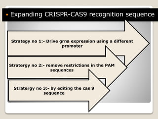  Expanding CRISPR-CAS9 recognition sequence
Strategy no 1:- Drive grna expression using a different
promoter
Stratergy no 2:- remove restrictions in the PAM
sequences
Stratergy no 3:- by editing the cas 9
sequence
 