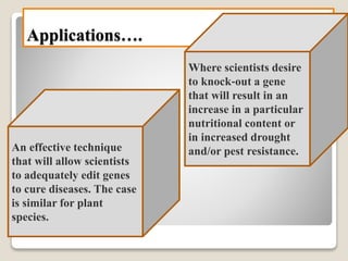 Applications….
An effective technique
that will allow scientists
to adequately edit genes
to cure diseases. The case
is similar for plant
species.
Where scientists desire
to knock‐out a gene
that will result in an
increase in a particular
nutritional content or
in increased drought
and/or pest resistance.
 