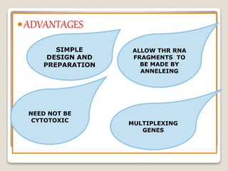 ADVANTAGES
SIMPLE
DESIGN AND
PREPARATION
NEED NOT BE
CYTOTOXIC
ALLOW THR RNA
FRAGMENTS TO
BE MADE BY
ANNELEING
MULTIPLEXING
GENES
 