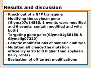 Results and discussion
 Knock out of a GFP transgene
 Modifying the soybean gene
(Glyma07g14530, 3 events were modified
and 6 events contain modified and wild
both)
 Targeting gene pairs(Glyma01g38150 &
Glymallg07220)
 Genetic modifications of somatic embryos
 Mutation efficiency(the mutation
efficiency is 10 fold higher than soybean
hairy roots)
 Evaluation of off target modifications
 