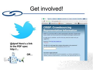 Get involved!
@dpref Here’s a link
to the PDF spec
http://...
OR…
 