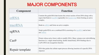 MAJOR COMPONENTS
Component Function
crRNA
Contains the guide RNA that locates the correct section of host DNA along with a
region that binds to tracrRNA(generally in a hairpin loop form) forming an active
complex.
tracrRNA Binds to crRNA and forms an active complex.
sgRNA
Single guide RNAs are a combined RNA consisting of a tracrRNA and at least
one crRNA
Cas9
Protein whose active form is able to modify DNA. Many variants exist with differing
functions (i.e. single strand nicking, double strand break, DNA binding) due to
Cas9's DNA site recognition function.
Repair template
DNA that guides the cellular repair process allowing insertion of a specific DNA
sequence
 