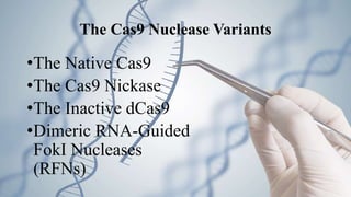 The Cas9 Nuclease Variants
•The Native Cas9
•The Cas9 Nickase
•The Inactive dCas9
•Dimeric RNA-Guided
FokI Nucleases
(RFNs)
 