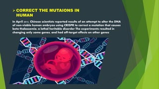 In April 2015, Chinese scientists reported results of an attempt to alter the DNA
of non-viable human embryos using CRISPR to correct a mutation that causes
beta thalassemia, a lethal heritable disorder The experiments resulted in
changing only some genes, and had off-target effects on other genes
CORRECT THE MUTAIONS IN
HUMAN
 