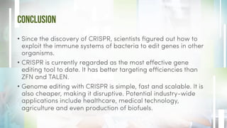 CONCLUSION
•  Since the discovery of CRISPR, scientists ﬁgured out how to
exploit the immune systems of bacteria to edit genes in other
organisms.
•  CRISPR is currently regarded as the most eﬀective gene
editing tool to date. It has better targeting eﬃciencies than
ZFN and TALEN.
•  Genome editing with CRISPR is simple, fast and scalable. It is
also cheaper, making it disruptive. Potential industry-wide
applications include healthcare, medical technology,
agriculture and even production of biofuels.
 