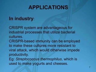 APPLICATIONS
In industry:
CRISPR system are advantageous for
industrial processes that utilize bacterial
cultures.
CRISPR-based immunity can be employed
to make these cultures more resistant to
viral attack, which would otherwise impede
productivity.
Eg: Streptococcus thermophilus, which is
used to make yogurts and cheeses.
7
 