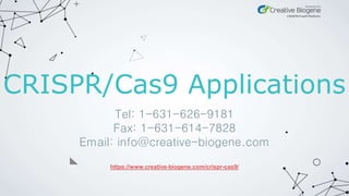 CRISPR/Cas9 Applications
Tel: 1-631-626-9181
Fax: 1-631-614-7828
Email: info@creative-biogene.com
https://www.creative-biogene.com/crispr-cas9/
 