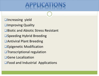 Increasing yield
Improving Quality
Biotic and Abiotic Stress Resistant
Speeding Hybrid Breeding
Antiviral Plant Breeding
Epigenetic Modification
Transcriptional regulation
Gene Localization
Food and Industrial Applications
 