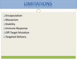 Encapsulation
Mosaicism
Stability
Immune Response
Off-Target Mutation
Targeted Delivery
 