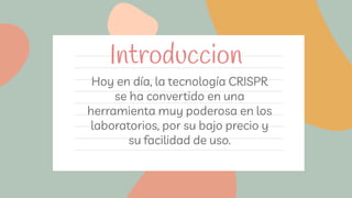 Introduccion
Hoy en día, la tecnología CRISPR
se ha convertido en una
herramienta muy poderosa en los
laboratorios, por su bajo precio y
su facilidad de uso.
 