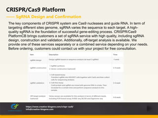 CRISPR/Cas9 Platform
—— SgRNA Design and Confirmation
https://www.creative-biogene.com/crispr-cas9/
info@creative-biogene.com
The key components of CRISPR system are Cas9 nucleases and guide RNA. In term of
targeting different sites genome, sgRNA varies the sequence to each target. A high-
quality sgRNA is the foundation of successful gene-editing process. CRISPR/Cas9
PlatformCB brings customers a set of sgRNA service with high quality, including sgRNA
design, construction and validation. Additionally, off-target analysis is available. We
provide one of these services separately or a combined service depending on your needs.
Before ordering, customers could contact us with your project for free consultation.
 