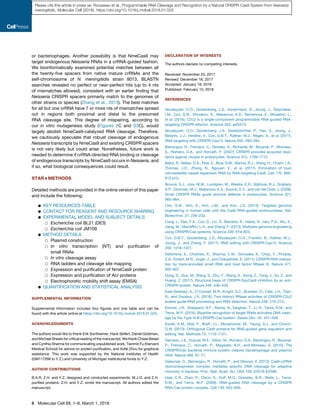 or bacteriophages. Another possibility is that NmeCas9 may
target endogenous Neisseria RNAs in a crRNA-guided fashion.
We bioinformatically examined potential matches between all
the twenty-ﬁve spacers from native mature crRNAs and the
self-chromosome of N. meningitidis strain 8013. BLASTN
searches revealed no perfect or near-perfect hits (up to 4 nts
of mismatches allowed), consistent with an earlier ﬁnding that
Neisseria CRISPR spacers primarily match to the genomes of
other strains or species (Zhang et al., 2013). The best matches
for all but one crRNA have 7 or more nts of mismatches spread
out in regions both proximal and distal to the presumed
RNA cleavage site. This degree of mispairing, according to
our in vitro mutagenesis study (Figures 2C and S3C), would
largely abolish NmeCas9-catalyzed RNA cleavage. Therefore,
we cautiously speculate that robust cleavage of endogenous
Neisseria transcripts by NmeCas9 and existing CRISPR spacers
is not very likely but could arise. Nonetheless, future work is
needed to determine if crRNA-directed RNA binding or cleavage
of endogenous transcripts by NmeCas9 occurs in Neisseria, and
if so, what biological consequences could result.
STAR+METHODS
Detailed methods are provided in the online version of this paper
and include the following:
d KEY RESOURCES TABLE
d CONTACT FOR REAGENT AND RESOURCE SHARING
d EXPERIMENTAL MODEL AND SUBJECT DETAILS
B Escherichia coli BL21 (DE3)
B Escherichia coli JM109
d METHOD DETAILS
B Plasmid construction
B In vitro transcription (IVT) and puriﬁcation of
small RNAs
B In vitro cleavage assay
B RNA ladders and cleavage site mapping
B Expression and puriﬁcation of NmeCas9 protein
B Expression and puriﬁcation of Acr proteins
B Electrophoretic mobility shift assay (EMSA)
d QUANTIFICATION AND STATISTICAL ANALYSIS
SUPPLEMENTAL INFORMATION
Supplemental Information includes four ﬁgures and one table and can be
found with this article online at https://doi.org/10.1016/j.molcel.2018.01.025.
ACKNOWLEDGMENTS
The authors would like to thank Erik Sontheimer, Hank Seifert, Daniel Goldman,
and Michael Sheets for critical reading of the manuscript. We thank Chase Beisel
and Cynthia Sharma for communicating unpublished work, Tianmin Fu (Harvard
Medical School) for advice on protein puriﬁcation, and Xufei Zhou for graphical
assistance. This work was supported by the National Institutes of Health
(GM117268 to Y.Z.) and University of Michigan institutional funds to Y.Z.
AUTHOR CONTRIBUTIONS
B.A.R, Z.H. and Y.Z. designed and conducted experiments. M.J.G. and Z.H.
puriﬁed proteins. Z.H. and Y.Z. wrote the manuscript. All authors edited the
manuscript.
DECLARATION OF INTERESTS
The authors declare no competing interests.
Received: November 20, 2017
Revised: December 18, 2017
Accepted: January 18, 2018
Published: February 15, 2018
REFERENCES
Abudayyeh, O.O., Gootenberg, J.S., Konermann, S., Joung, J., Slaymaker,
I.M., Cox, D.B., Shmakov, S., Makarova, K.S., Semenova, E., Minakhin, L.,
et al. (2016). C2c2 is a single-component programmable RNA-guided RNA-
targeting CRISPR effector. Science 353, aaf5573.
Abudayyeh, O.O., Gootenberg, J.S., Essletzbichler, P., Han, S., Joung, J.,
Belanto, J.J., Verdine, V., Cox, D.B.T., Kellner, M.J., Regev, A., et al. (2017).
RNA targeting with CRISPR-Cas13. Nature 550, 280–284.
Barrangou, R., Fremaux, C., Deveau, H., Richards, M., Boyaval, P., Moineau,
S., Romero, D.A., and Horvath, P. (2007). CRISPR provides acquired resis-
tance against viruses in prokaryotes. Science 315, 1709–1712.
Batra, R., Nelles, D.A., Pirie, E., Blue, S.M., Marina, R.J., Wang, H., Chaim, I.A.,
Thomas, J.D., Zhang, N., Nguyen, V., et al. (2017). Elimination of toxic
microsatellite repeat expansion RNA by RNA-targeting Cas9. Cell 170, 899–
912.e10.
Brouns, S.J., Jore, M.M., Lundgren, M., Westra, E.R., Slijkhuis, R.J., Snijders,
A.P., Dickman, M.J., Makarova, K.S., Koonin, E.V., and van der Oost, J. (2008).
Small CRISPR RNAs guide antiviral defense in prokaryotes. Science 321,
960–964.
Cho, S.W., Kim, S., Kim, J.M., and Kim, J.S. (2013). Targeted genome
engineering in human cells with the Cas9 RNA-guided endonuclease. Nat.
Biotechnol. 31, 230–232.
Cong, L., Ran, F.A., Cox, D., Lin, S., Barretto, R., Habib, N., Hsu, P.D., Wu, X.,
Jiang, W., Marrafﬁni, L.A., and Zhang, F. (2013). Multiplex genome engineering
using CRISPR/Cas systems. Science 339, 819–823.
Cox, D.B.T., Gootenberg, J.S., Abudayyeh, O.O., Franklin, B., Kellner, M.J.,
Joung, J., and Zhang, F. (2017). RNA editing with CRISPR-Cas13. Science
358, 1019–1027.
Deltcheva, E., Chylinski, K., Sharma, C.M., Gonzales, K., Chao, Y., Pirzada,
Z.A., Eckert, M.R., Vogel, J., and Charpentier, E. (2011). CRISPR RNA matura-
tion by trans-encoded small RNA and host factor RNase III. Nature 471,
602–607.
Dong, D., Guo, M., Wang, S., Zhu, Y., Wang, S., Xiong, Z., Yang, J., Xu, Z., and
Huang, Z. (2017). Structural basis of CRISPR-SpyCas9 inhibition by an anti-
CRISPR protein. Nature 546, 436–439.
East-Seletsky, A., O’Connell, M.R., Knight, S.C., Burstein, D., Cate, J.H., Tjian,
R., and Doudna, J.A. (2016). Two distinct RNase activities of CRISPR-C2c2
enable guide-RNA processing and RNA detection. Nature 538, 270–273.
Elmore, J.R., Sheppard, N.F., Ramia, N., Deighan, T., Li, H., Terns, R.M., and
Terns, M.P. (2016). Bipartite recognition of target RNAs activates DNA cleav-
age by the Type III-B CRISPR-Cas system. Genes Dev. 30, 447–459.
Esvelt, K.M., Mali, P., Braff, J.L., Moosburner, M., Yaung, S.J., and Church,
G.M. (2013). Orthogonal Cas9 proteins for RNA-guided gene regulation and
editing. Nat. Methods 10, 1116–1121.
Garneau, J.E., Dupuis, M.E., Villion, M., Romero, D.A., Barrangou, R., Boyaval,
P., Fremaux, C., Horvath, P., Magada´ n, A.H., and Moineau, S. (2010). The
CRISPR/Cas bacterial immune system cleaves bacteriophage and plasmid
DNA. Nature 468, 67–71.
Gasiunas, G., Barrangou, R., Horvath, P., and Siksnys, V. (2012). Cas9-crRNA
ribonucleoprotein complex mediates speciﬁc DNA cleavage for adaptive
immunity in bacteria. Proc. Natl. Acad. Sci. USA 109, E2579–E2586.
Hale, C.R., Zhao, P., Olson, S., Duff, M.O., Graveley, B.R., Wells, L., Terns,
R.M., and Terns, M.P. (2009). RNA-guided RNA cleavage by a CRISPR
RNA-Cas protein complex. Cell 139, 945–956.
8 Molecular Cell 69, 1–9, March 1, 2018
Please cite this article in press as: Rousseau et al., Programmable RNA Cleavage and Recognition by a Natural CRISPR-Cas9 System from Neisseria
meningitidis, Molecular Cell (2018), https://doi.org/10.1016/j.molcel.2018.01.025
 