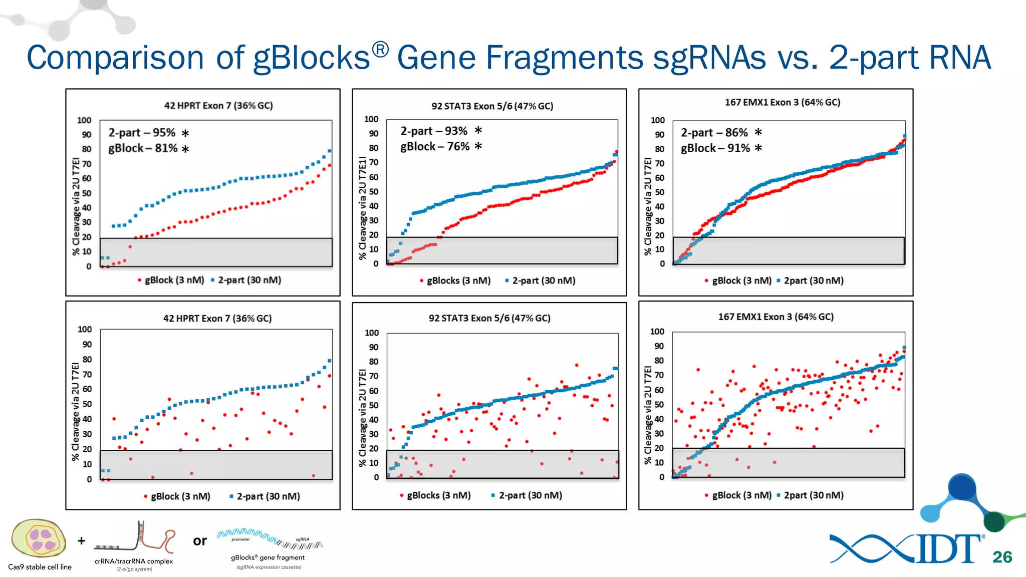 Comparison of gBlocks® Gene Fragments sgRNAs vs. 2-part RNA
26
+ or
*
*
*
*
*
*
 