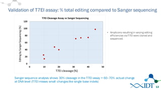 Validation of T7EI assay: % total editing compared to Sanger sequencing
Sanger sequence analysis shows 30% cleavage in the T7EI assay = 60–70% actual change
at DNA level (T7EI misses small changes like single base indels)
13
• Amplicons resulting in varying editing
efficiencies viaT7EI were cloned and
sequenced.
T7EI	
  cleavage	
  (%)
 