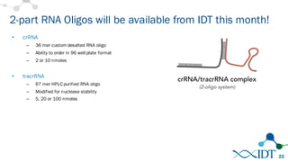 2-part RNA oligos will be available from IDT this month!
• crRNA
– 36 nt custom desalted RNA oligo
– Ability to order in 96-well plate format
– 2 or 10 nmol
• tracrRNA
– 67 nt HPLC purified RNA oligo
– Modified for nuclease stability
– 5, 20, or 100 nmol
22
 