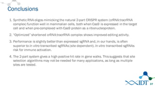 Conclusions
1. Synthetic RNA oligos mimicking the natural 2-part CRISPR system (crRNA:tracrRNA
complex) function well in mammalian cells, both when Cas9 is expressed in the target
cell and when pre-complexed with Cas9 protein as a ribonucleoprotein.
2. “Optimized” shortened crRNA:tracrRNA complex shows improved editing activity.
3. In vitro transcribed sgRNAs have a risk for immune activation.
4. The 2-part system & gBlocks® Gene Fragments both give a high positive hit rate in
gene walks. This suggests that site selection algorithms may not be needed for many
applications, as long as multiple sites are tested.
37
 
