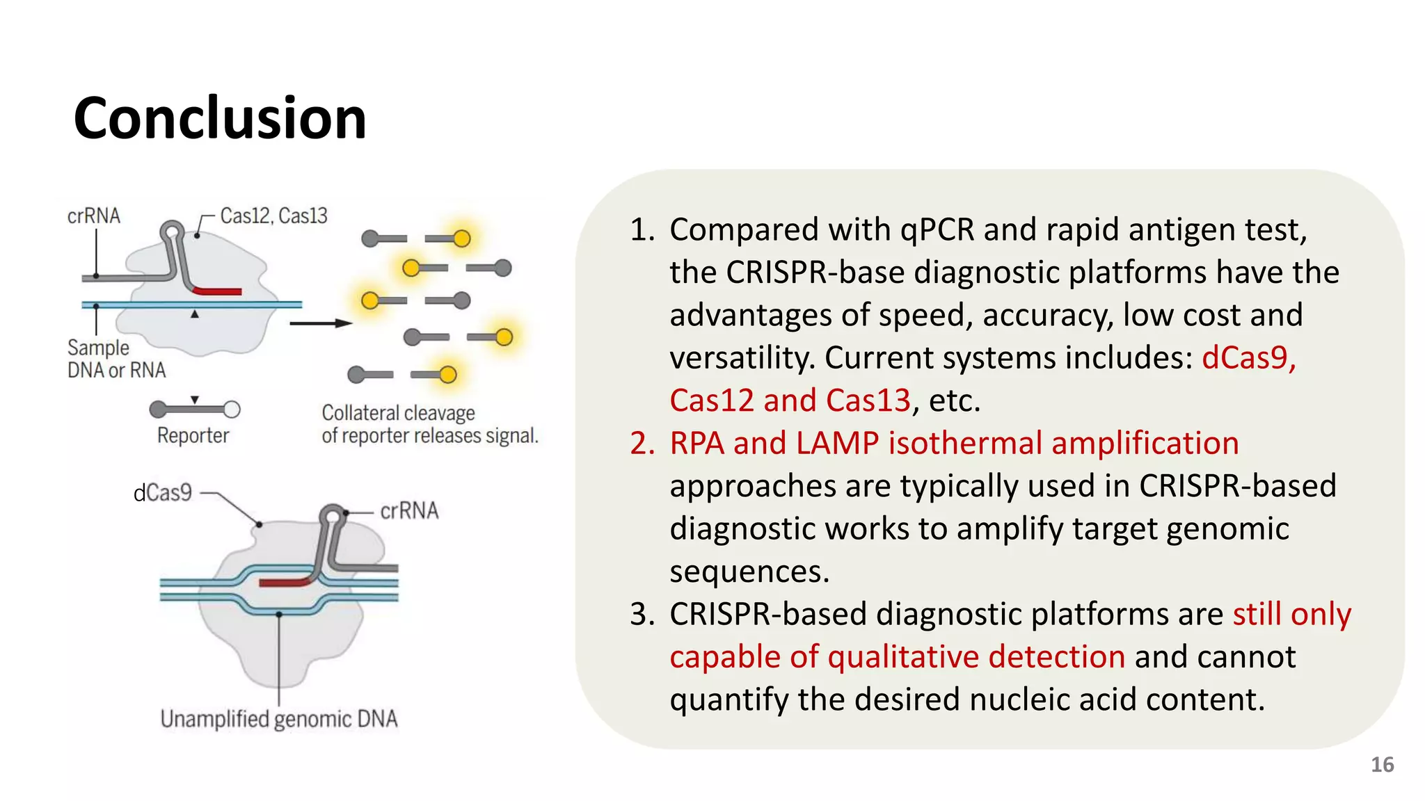 Conclusion
d
1. Compared with qPCR and rapid antigen test,
the CRISPR-base diagnostic platforms have the
advantages of speed, accuracy, low cost and
versatility. Current systems includes: dCas9,
Cas12 and Cas13, etc.
2. RPA and LAMP isothermal amplification
approaches are typically used in CRISPR-based
diagnostic works to amplify target genomic
sequences.
3. CRISPR-based diagnostic platforms are still only
capable of qualitative detection and cannot
quantify the desired nucleic acid content.
16
 