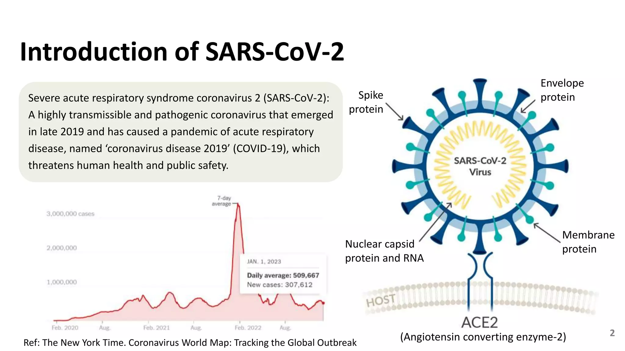 Introduction of SARS-CoV-2
Spike
protein
Envelope
protein
Membrane
protein
Nuclear capsid
protein and RNA
Ref: The New York Time. Coronavirus World Map: Tracking the Global Outbreak
Severe acute respiratory syndrome coronavirus 2 (SARS-CoV-2):
A highly transmissible and pathogenic coronavirus that emerged
in late 2019 and has caused a pandemic of acute respiratory
disease, named ‘coronavirus disease 2019’ (COVID-19), which
threatens human health and public safety.
2
(Angiotensin converting enzyme-2)
 