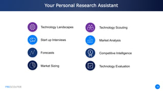 PRESCOUTER
Your Personal Research Assistant
Technology Scouting
Market Analysis
Competitive Intelligence
Technology Evaluation
19
Technology Landscapes
Start up Interviews
Forecasts
Market Sizing
 
