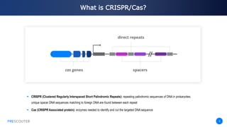 PRESCOUTER 4
What is CRISPR/Cas?
PRESCOUTER
 CRISPR (Clustered Regularly Interspaced Short Palindromic Repeats): repeating palindromic sequences of
DNA in prokaryotes; unique spacer DNA sequences matching to foreign DNA are found between each repeat
 Cas (CRISPR Associated protein): enzymes needed to identify and cut the targeted DNA sequence
 