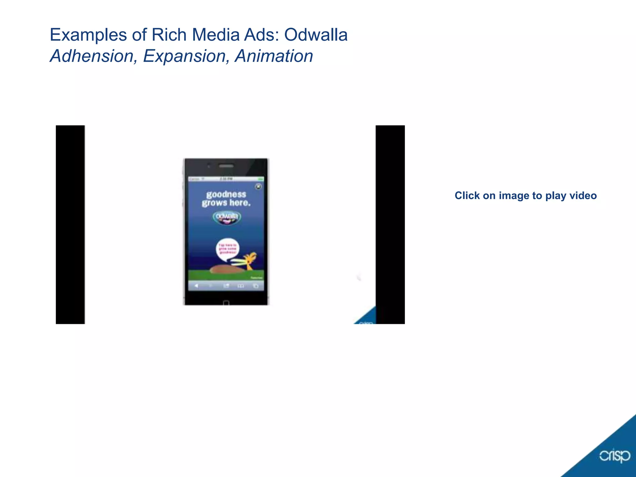 Examples of Rich Media Ads: Odwalla
Adhension, Expansion, Animation




                                      Click on image to play video
 