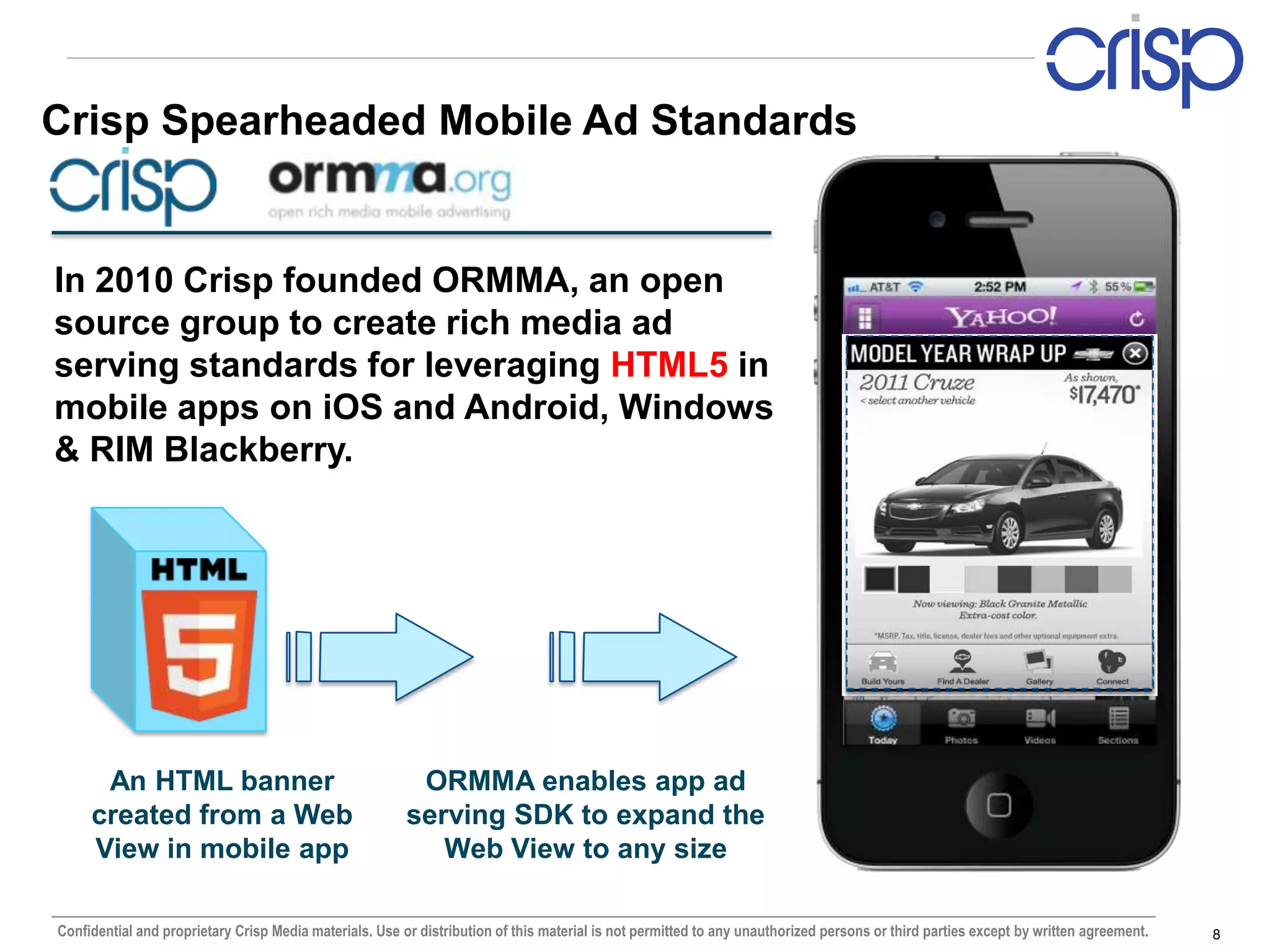 Crisp Spearheaded Mobile Ad Standards


In 2010 Crisp founded ORMMA, an open
source group to create rich media ad
serving standards for leveraging HTML5 in
mobile apps on iOS and Android, Windows
& RIM Blackberry.




      An HTML banner                                      ORMMA enables app ad
     created from a Web                                  serving SDK to expand the
     View in mobile app                                     Web View to any size

Confidential and proprietary Crisp Media materials. Use or distribution of this material is not permitted to any unauthorized persons or third parties except by written agreement.   8
 