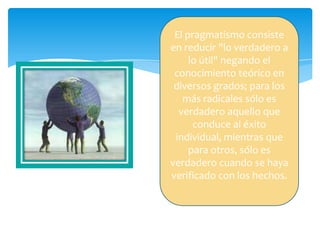 El pragmatismo consiste
en reducir "lo verdadero a
     lo útil" negando el
 conocimiento teórico en
 diversos grados; para los
   más radicales sólo es
  verdadero aquello que
      conduce al éxito
 individual, mientras que
     para otros, sólo es
verdadero cuando se haya
verificado con los hechos.
 