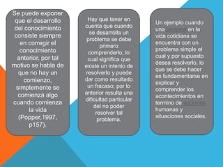 Se puede exponer
 que el desarrollo     Hay que tener en
                                              Un ejemplo cuando
 del conocimiento     cuenta que cuando
                                              una persona en la
                        se desarrolla un
 consiste siempre                             vida cotidiana se
                       problema se debe
    en corregir el                            encuentra con un
                             primero
    conocimiento                              problema simple el
                       comprenderlo, lo
  anterior, por tal                           cual y por supuesto
                       cual significa que
                                              desea resolverlo, lo
motivo se habla de    existe un intento de
                                              que se debe hacer
   que no hay un      resolverlo y puede
                                              es fundamentarse en
     comienzo,        dar como resultado
                                              explicar y
  simplemente se       un fracaso; por lo
                                              comprender los
   comienza algo      anterior resulta una
                                              acontecimientos en
                      dificultad particular
cuando comienza                               termino de acciones
                          del no poder
       la vida                                humanas y
                           resolver tal
   (Popper,1997,                              situaciones sociales.
                            problema.
       p157).
 