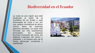 La costa es una región que está
localizada al oeste de la
Cordillera de los Andes y está
atravesada de norte a sur por
una cadena montañosa de altura
menor, llena de extensas
planicies aluviales. La costa está
formada por tres ecosistemas
principales: los bosques
lluviosos tropicales del norte, las
sabanas tropicales del centro y
sudoeste, y el bosque seco de la
franja peninsular occidental y
meridional.
 