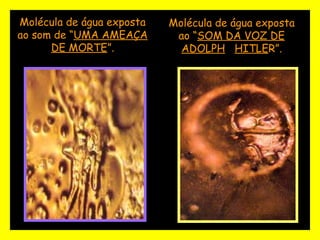 Molécula de água exposta 
ao “SOM DA VOZ DE 
ADOLPH HITLER”. 
Molécula de água exposta 
ao som de “UMA AMEAÇA 
DE MORTE”. 
 