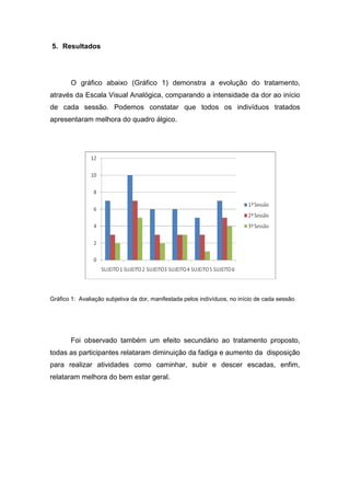 5. Resultados

O gráfico abaixo (Gráfico 1) demonstra a evolução do tratamento,
através da Escala Visual Analógica, comparando a intensidade da dor ao início
de cada sessão. Podemos constatar que todos os indivíduos tratados
apresentaram melhora do quadro álgico.

Gráfico 1: Avaliação subjetiva da dor, manifestada pelos indivíduos, no início de cada sessão.

Foi observado também um efeito secundário ao tratamento proposto,
todas as participantes relataram diminuição da fadiga e aumento da disposição
para realizar atividades como caminhar, subir e descer escadas, enfim,
relataram melhora do bem estar geral.

 